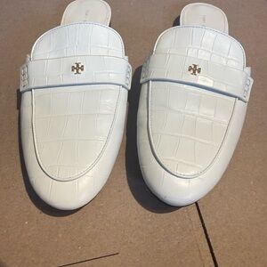 Tory Burch Cream Croc-Embossed Mules